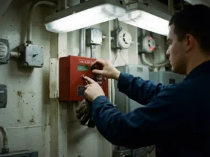 Scheepselektricien inspecteert rode branddetectiepaneel op wit schot, veiligheidssensoren en alarmcomponenten zichtbaar