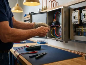 Elektricien verbindt kleurrijke draden in bedieningspaneel met precisie-instrumenten op werkbank in maritieme werkplaats