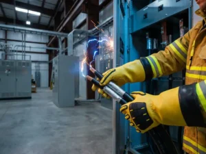 Elektricien in gele veiligheidshandschoenen hanteert hoogspanningskabels in industrieel schakelpaneel met vonken