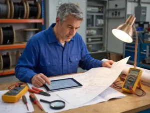 Ervaren elektrotechnisch ingenieur bestudeert technische schema's op moderne werkplek met digitale tablet, blauwdrukken, multimeter en precisie-gereedschap