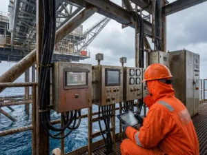 Offshore olieplatform in donkere oceaan met technicus in oranje veiligheidskleding die geautomatiseerde controlesystemen inspecteert