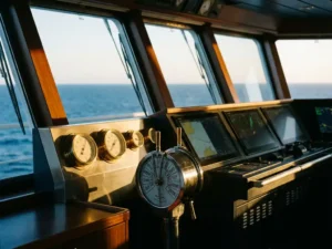 Moderne scheepsbrug met analoge meters en digitale touchscreens, chromen instrumenten in gouden middaglicht met oceaanzicht