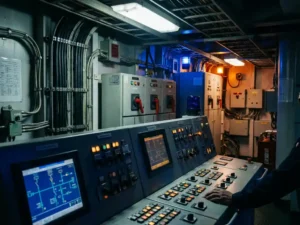Moderne elektrische controlekamer van vrachtschip met verlichte schakelpanelen, noodstroomsystemen en dikke scheepskabels langs stalen schotten