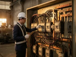 Elektrotechnicus in zwart pak inspecteert groot industrieel schakelbordsysteem met kabels, stroomonderbrekers en koperen busbars.