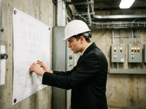 Elektrotechniekstudent in zwart pak en witte helm bestudeert technische schematekening op industriële wand met kabelgoten.