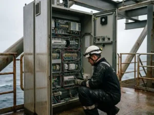 Offshore elektricien in zwart werkpak inspecteert open elektrisch paneel op offshore platform, Noordzee zichtbaar op achtergrond.