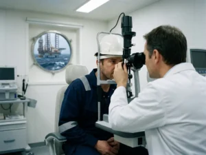 Offshore elektrotechnicus in zwart werkpak en witte helm tijdens oogonderzoek in medische onderzoeksruimte.